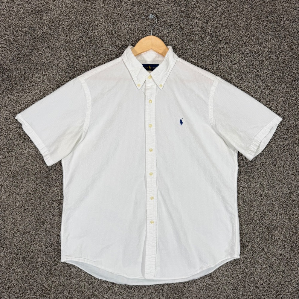 Ralph Lauren Seersucker Shirt Mens XL White Short Sleeve Button Down Pony Preppy